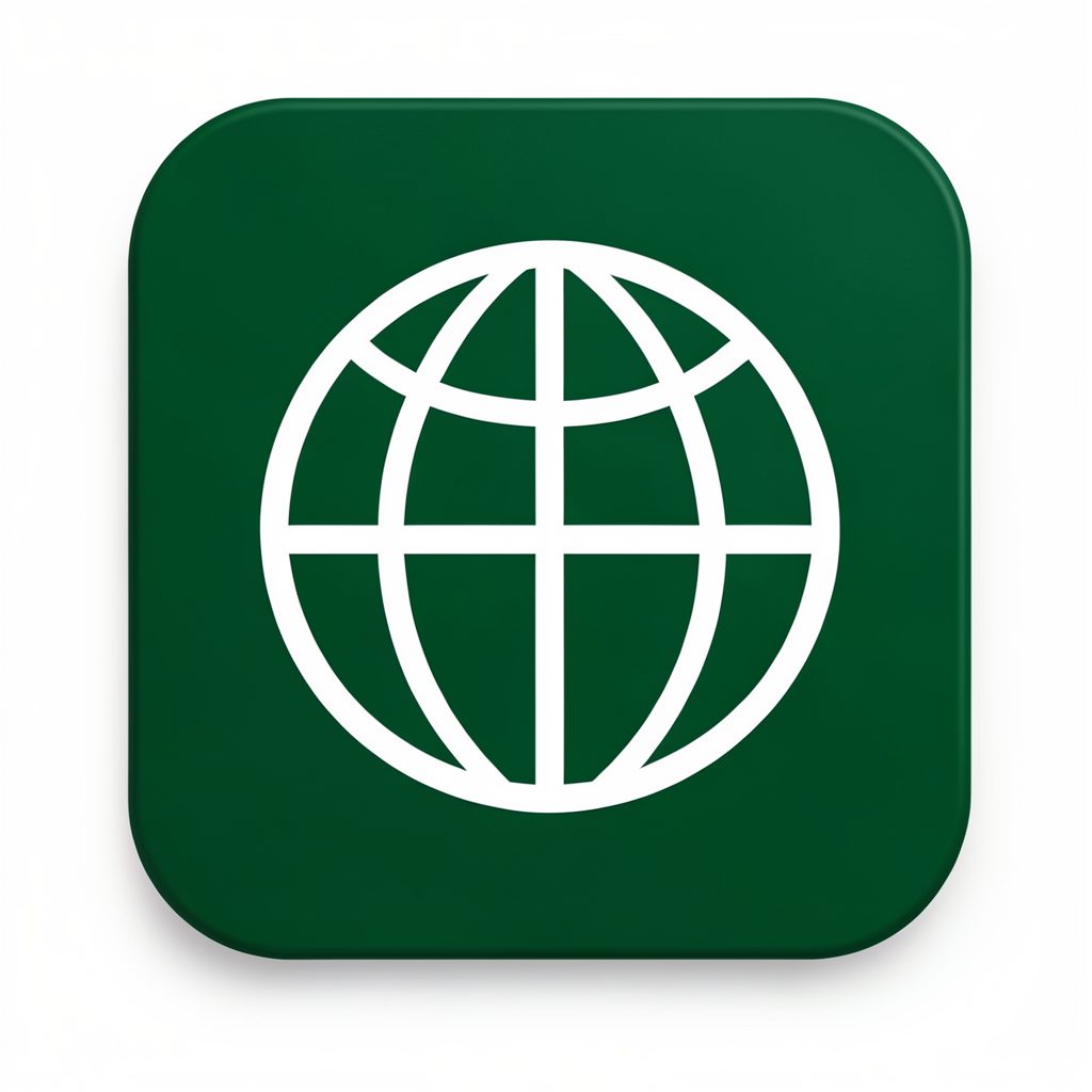 A simple globe icon in white on a dark green rounded square background