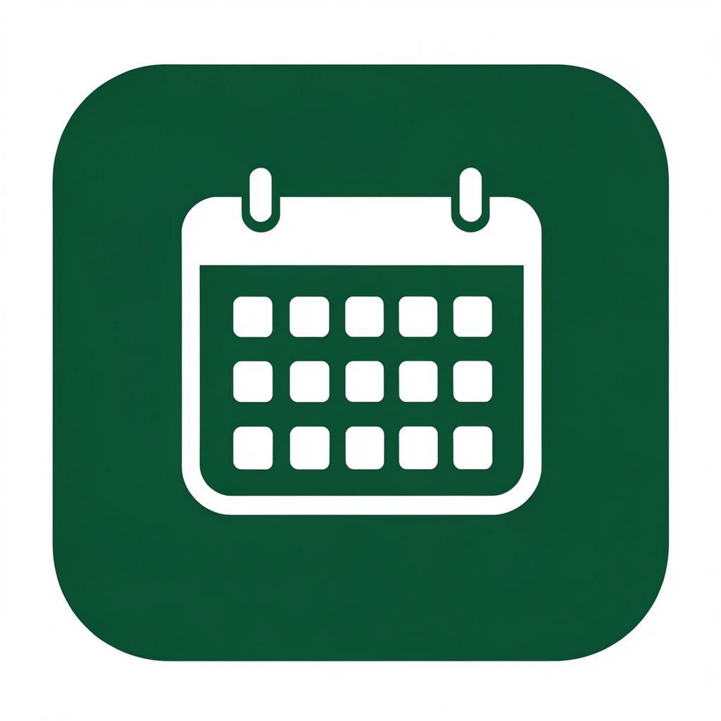 A simple calendar icon in white on a dark green rounded square background