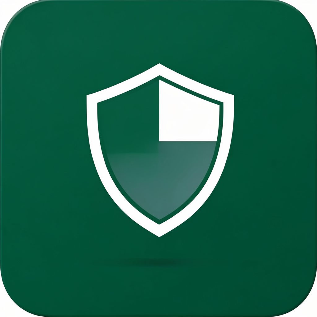 A simple shield icon in white on a dark green rounded square background